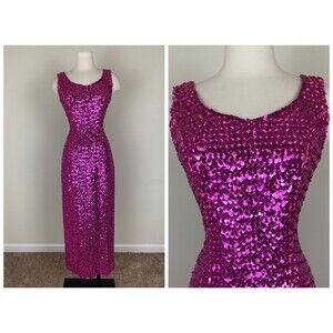 Size Medium | Vintage 60s 1960s Sequined Fuchsia Barbie Pink Bombshell Dress